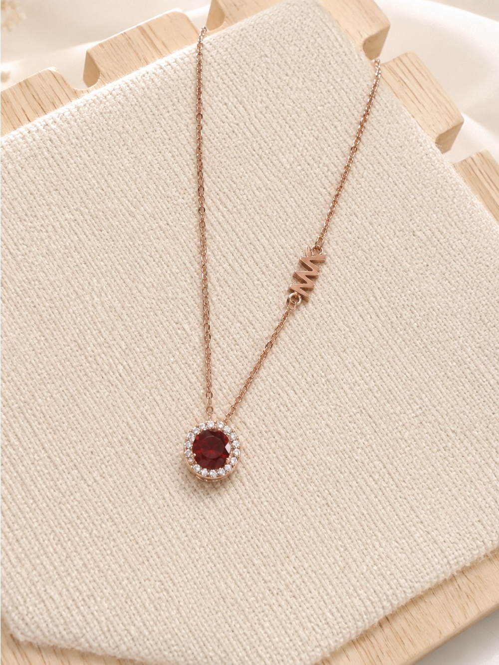 Elegant Rose Gold Necklace with Red Gemstone MK 925